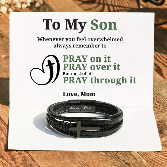 To My Son Pray Through It Leather Cross Bracelet