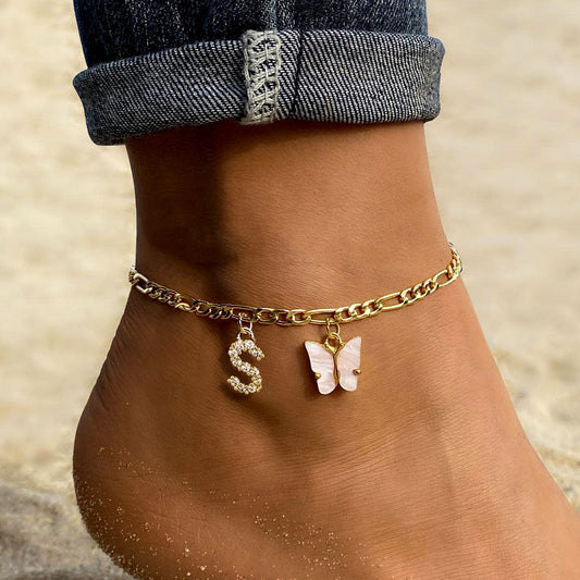 Personalized Initial Anklet with Butterfly Charm Dainty Summer Foot Chain for Women