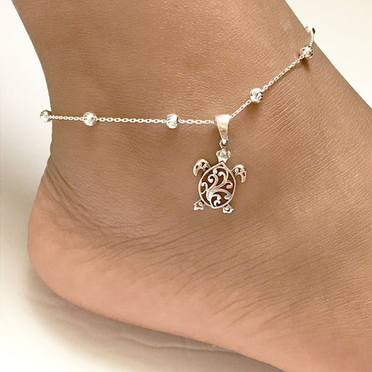 Sea Turtle Charm Anklet in Silver Boho Summer Beach Gift for Women
