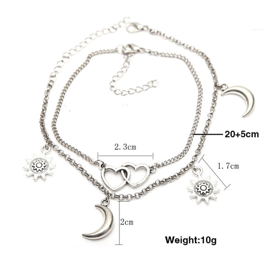 Christmas Gift-Bohemia Double Heart Anklet with Sun & Moon Charm Summer Foot Chain for Women