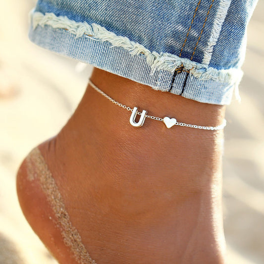 Personalized Initial Anklet with Heart Charm Beach Foot Jewelry for Women Girls