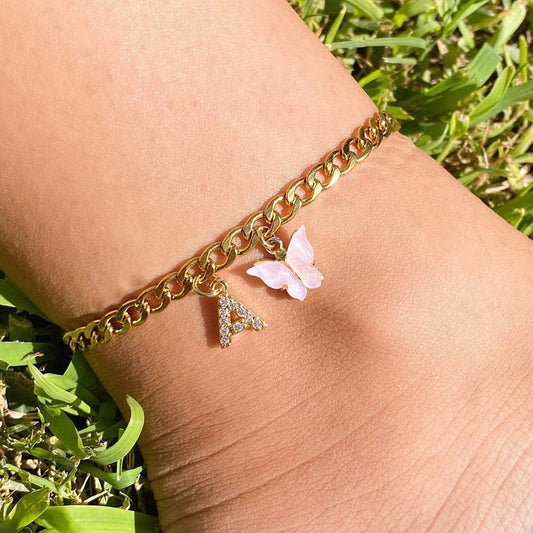 Personalized Initial Anklet with Butterfly Charm Dainty Summer Foot Chain for Women